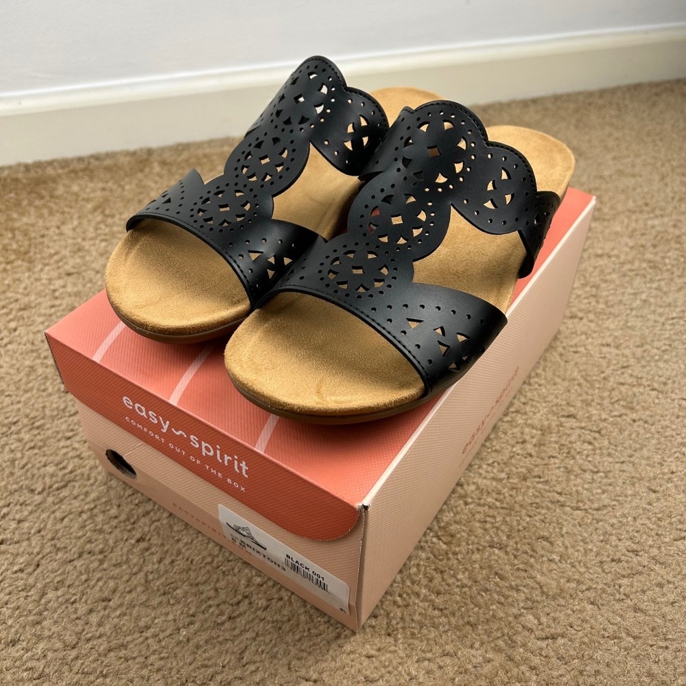 Easy Spirit Black Laser-Cut Slide Sandals